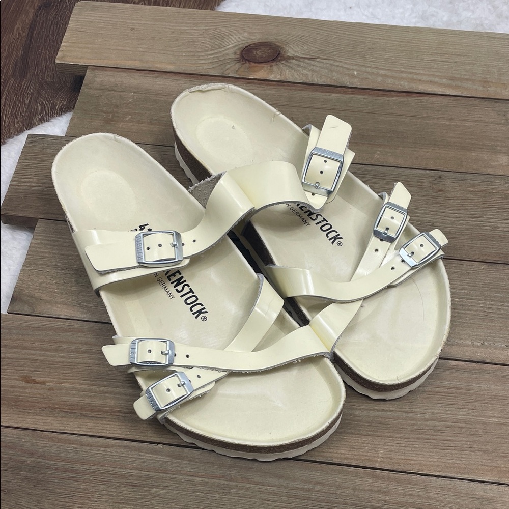 SOLD Birkenstock Franca Natural Leather Patent High Shine Butter Yellow Sandals